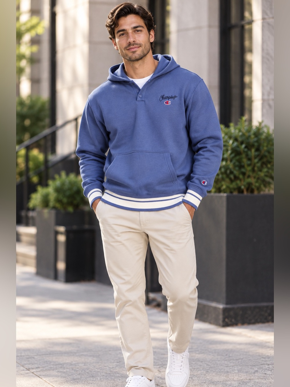 Champion Men's Slate Blue Hooded Sweatshirt with Striped Rib L